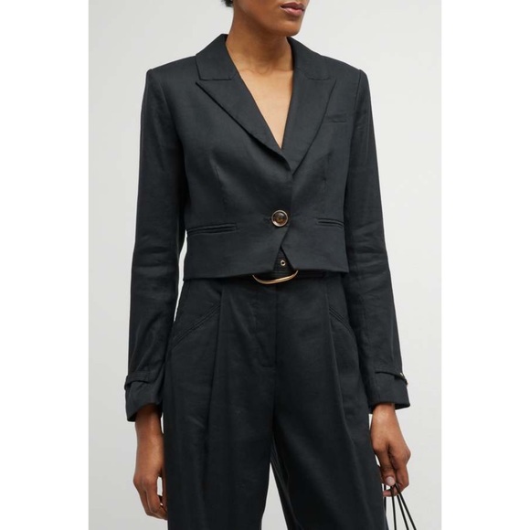 Veronica Beard Black Cropped Linen Blend Single Breast Jacket NWT Buckle Cuff - Picture 3 of 15